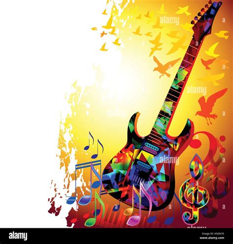 colorful  background  electric guitar  notes  flying birds vector