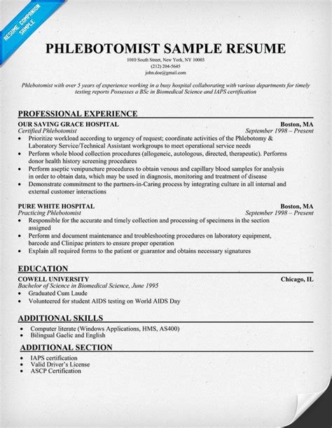 resume sample  phlebotomist resumesdesign phlebotomy study