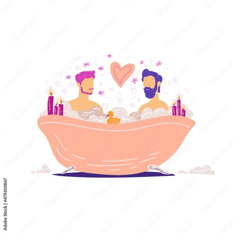 Two Man In A Bathtub Gay Man Couple Taking A Bath Vector Illustration