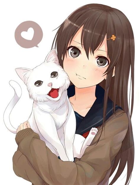anime girl brown hair brown eyes white cat blushing beauty of anime pinterest