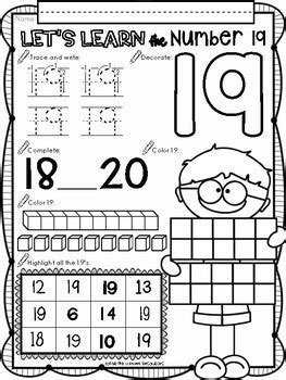 number nineteen  prep math printables  kindergarten