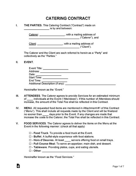 catering contract template sample  word eforms