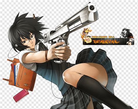 anime girls  guns firearm manga art babe comics black hair manga png pngwing