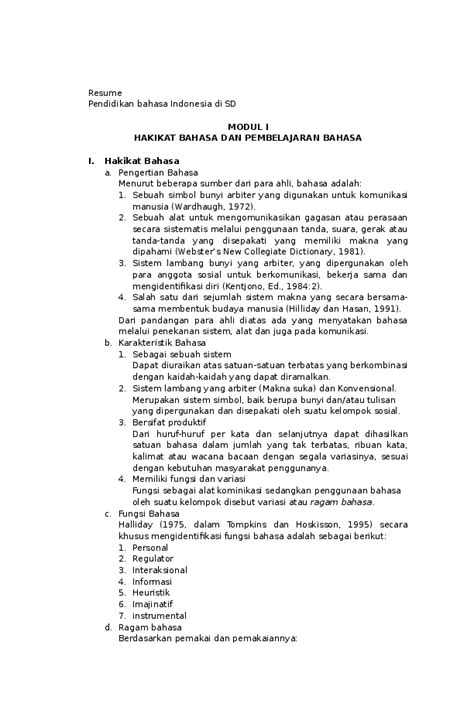 Doc Resume Pendidikan Bahasa Indonesia Di Sd Modul I Hakikat Bahasa