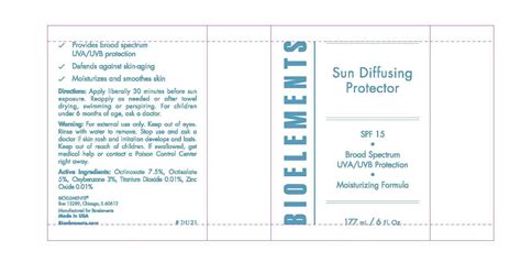 ndc   bioelements sun diffusing protector spf  label information details usage
