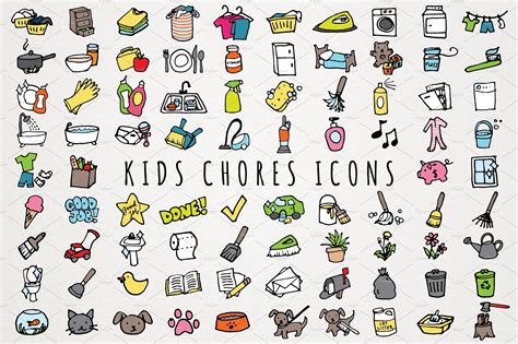 fun hand drawn kids chores icons set icons creative market