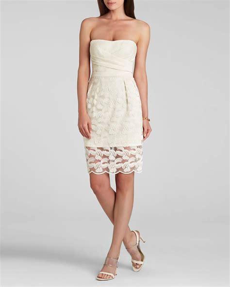 lyst bcbgmaxazria dress adrianna lace strapless in white