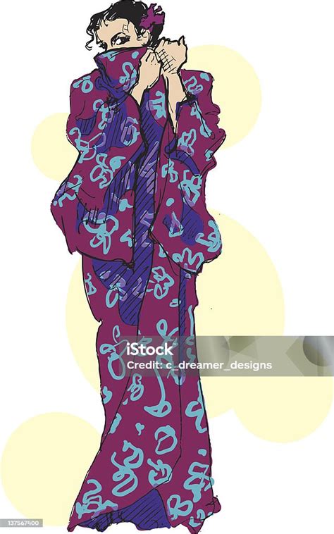 Woman Playing Coy In Patterned Kimono Stock Illustration Download
