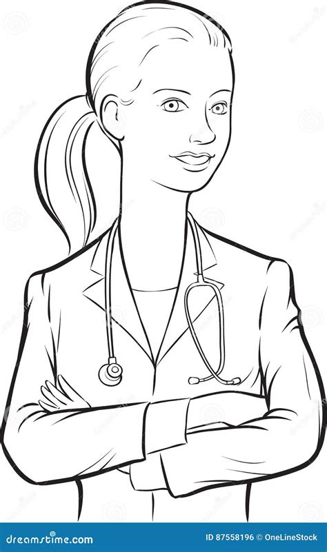 whiteboard drawing smiling woman doctor  arms crossed stock
