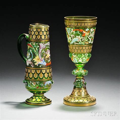 Two Moser Type Gilded And Enameled Green Glass Vessels Current Price