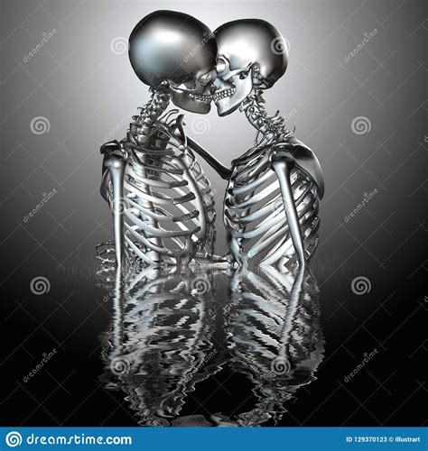 3d illustration of metal skeleton couples kissing in water stock