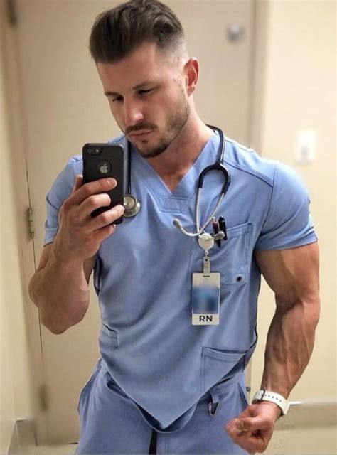 Handsome Fit Muscle Strong Masculine Male Nurse Uniform Selfie