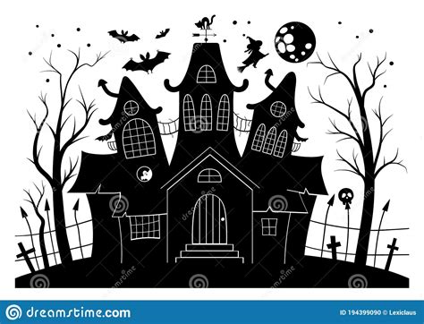 vector haunted house black  white illustration halloween background