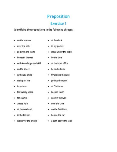 exercise  prepositions    answer key teaching resources