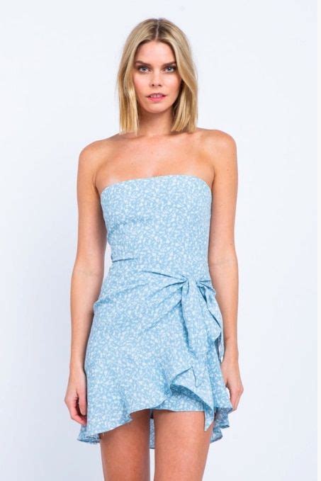 cute blue floral print dress strapless mini dress