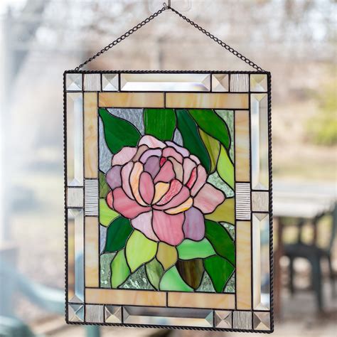 peony window hanging panel of stained glass