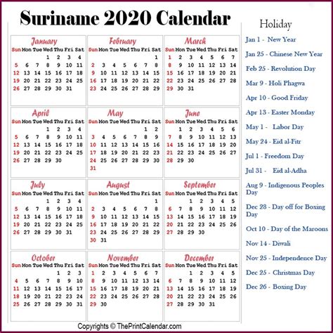 calendar  suriname suriname  yearly printable calendar