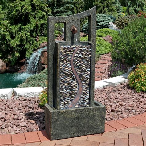 sunnydaze modern road outdoor fountain  led light   tall patio water feature water