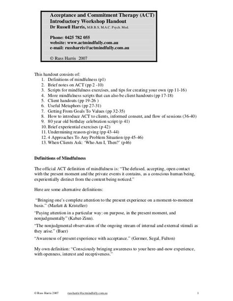 acceptance  commitment therapy act introductory workshop handout