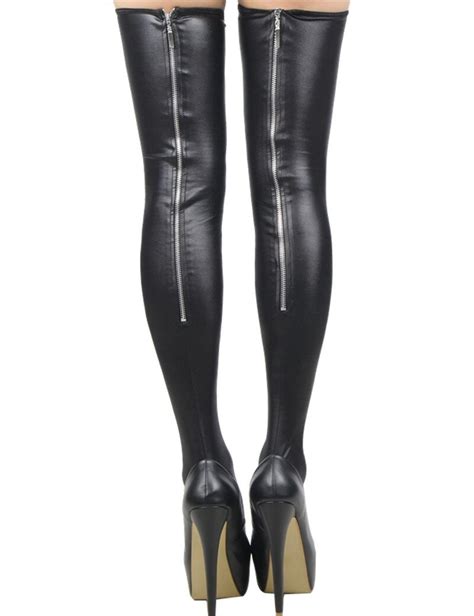 super deal black leather stockings sexy back zipper women thigh high