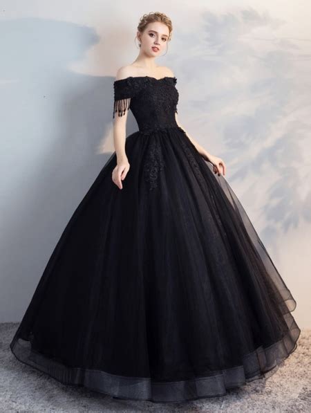 Black Gothic Off The Shoulder Lace Appliqued Ball Gown