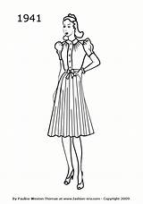 Fashion 1941 1940 1940s Dresses Dress Drawings Silhouettes Drawing Skirt Era 1950 Woman Pleated Silhouette Women Skirts Clothes Coloring Line sketch template