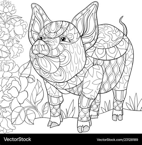 adult coloring book page  cute pig   floral vector image
