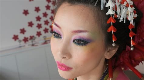 coloful geisha look makeup and hair tutorial how to wear kimono youtube