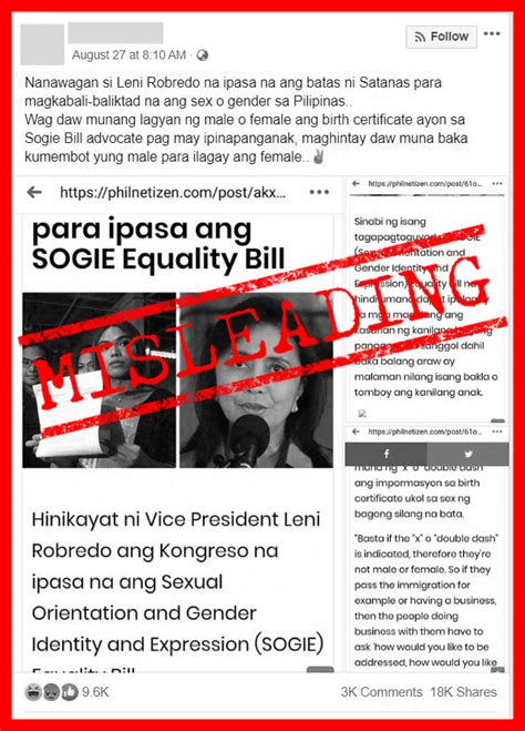 vera files fact check misleading fb post ties robredo s endorsement for sogie bill with support