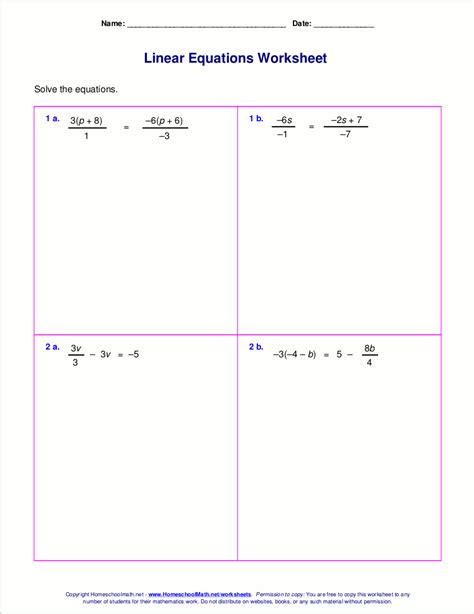 worksheets  linear equations grades   pre algebra algebra