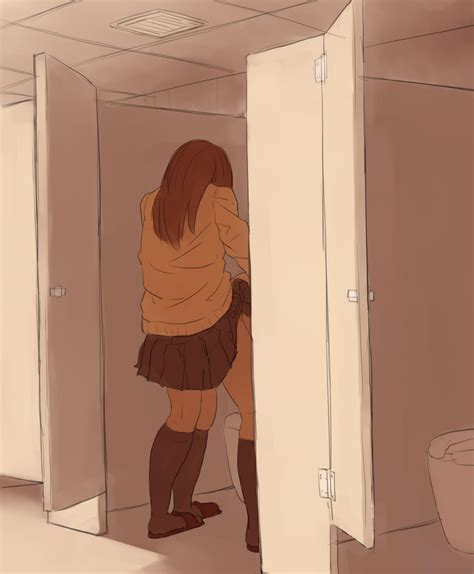 rule 34 2girls bathroom bathroom stall brown hair clothed from behind