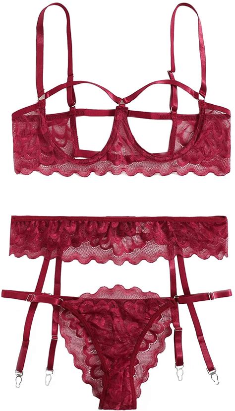 Shein Womens 3 Piece Floral Lace Lingerie Set With Garter Belts Sexy