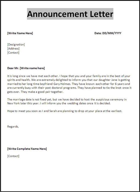announcement letter template  word templates