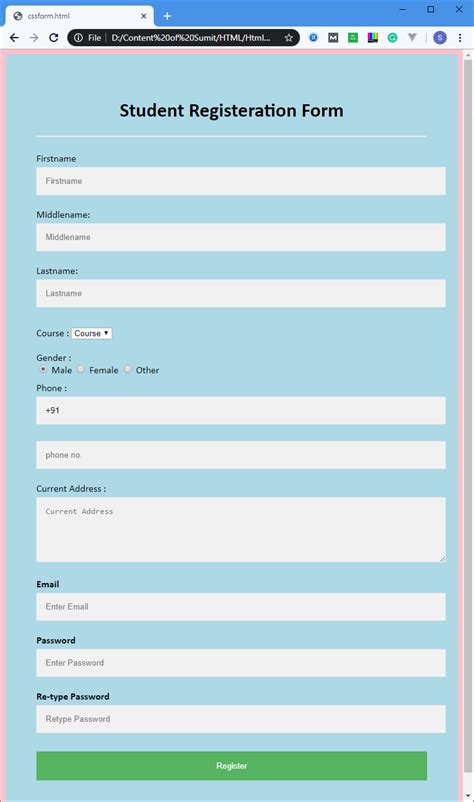 html registration form javatpoint