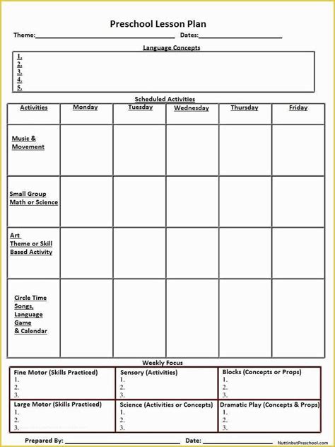 pre  lesson plan template   blank preschool weekly lesson plan template