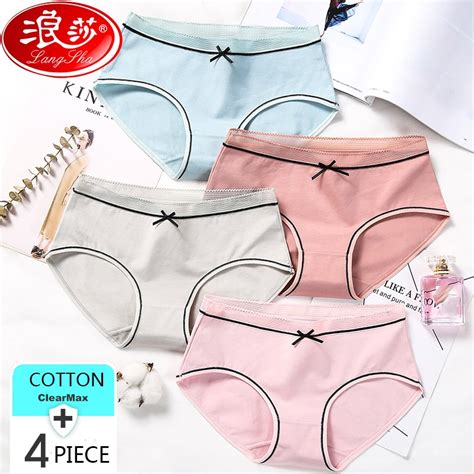 Langsha 4pcs Lot Cotton Panties Women Underwear Cute Bow Briefs Soft