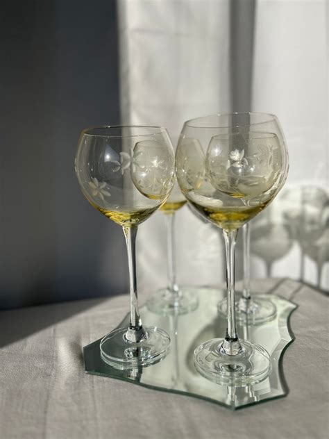 vintage etched yellow wine glasses set of 4 etsy
