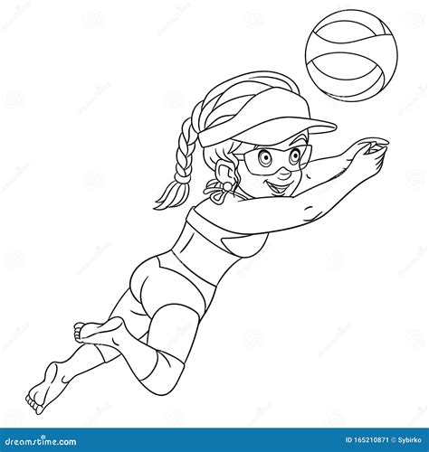 coloring page  girl playing volleyball stock vector illustration