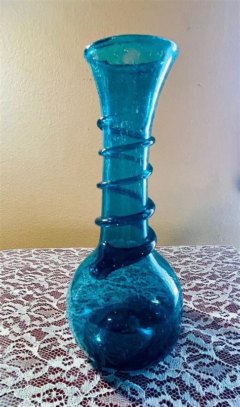 Vintage Blemko Blue Crackle Glass Vase With Applied Dark Blue Etsy