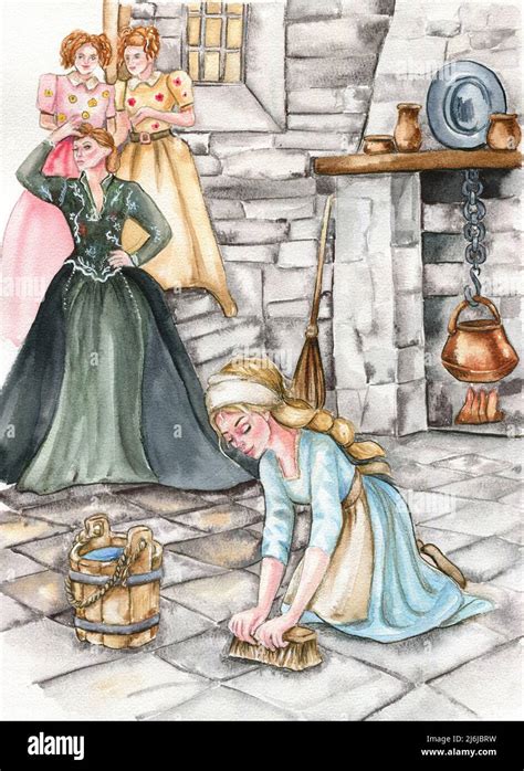 cinderella washes the floors while her stepmother and sisters watch