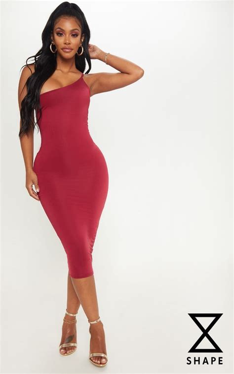 shape burgundy asymmetric slinky midi dress dresses black women fashion clothes  women