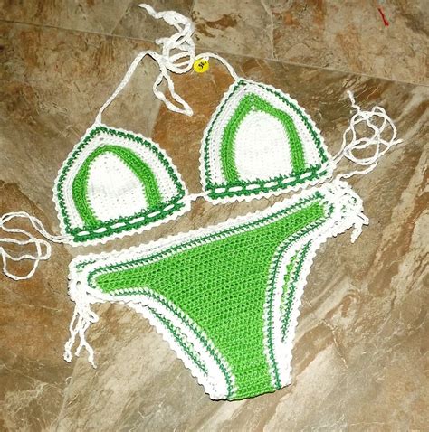 crochet handmade 2 piece bikini green and white by brendasbikinibeach