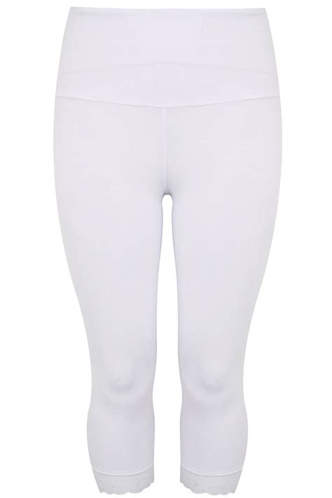 White Tummy Control Cropped Leggings With Lace Trim Plus
