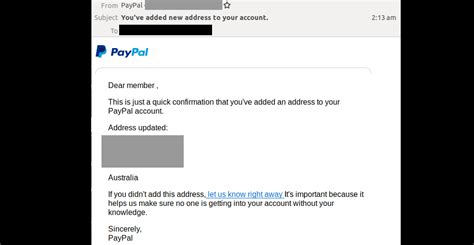 Phishing Email Impersonating Paypal Confirms The Addition Of A New Address