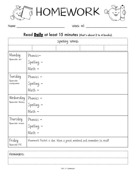 printable homework log template
