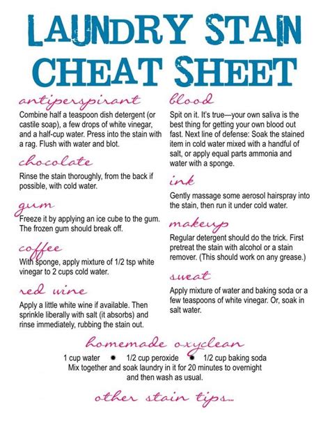 laundry stain cheat sheet   print  hang    washer