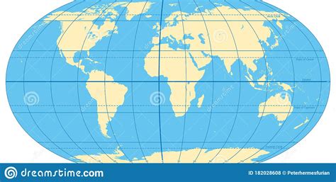 world map   important circles  latitudes  longitudes stock