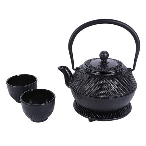 black cast iron tea kettle set   contemporary dutch hobnail design  trivet  cups