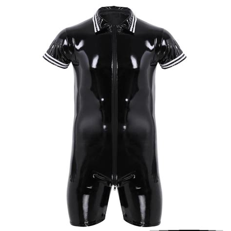 spandex costume freebily men s wet look pvc leather latex front zipper