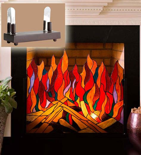 Stained Glass Roaring Fire Fireplace Screen Plowhearth